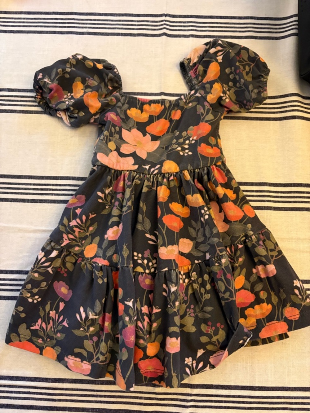 Alice + Ames Floral Puff-Sleeve Tiered Dress with Orange & Pink Blooms